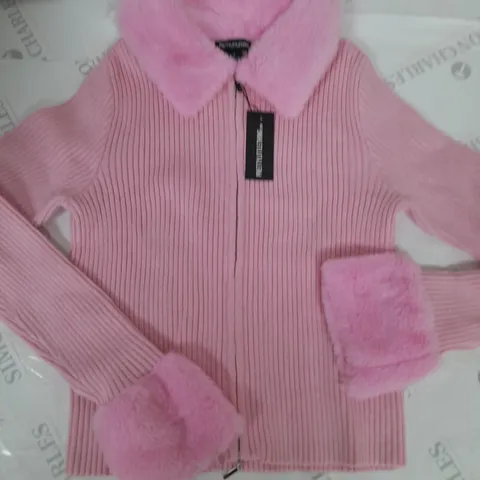 PRETTYLITTLETHING BUBBLEGUM PINK DOUBLE ZIP FUR KNIT CARDIGAN - M