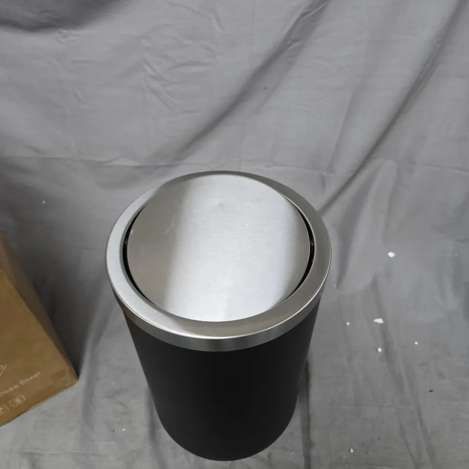 TALL CYLINDRICAL WASTE BIN WITH BLACK BODY AND BRUSHED STEEL LID