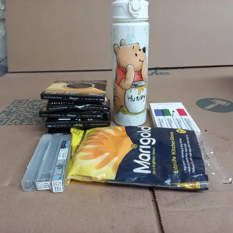 TOTE OF APPROXIMATELY 15 ASSORTED ITEMS TO INCLUDE ADAGIO GUITAR STRINGS, WINNIE THE POOH WATER BOTTLE, MARIGOLD, BOSCH PRO METAL HSS G ETC