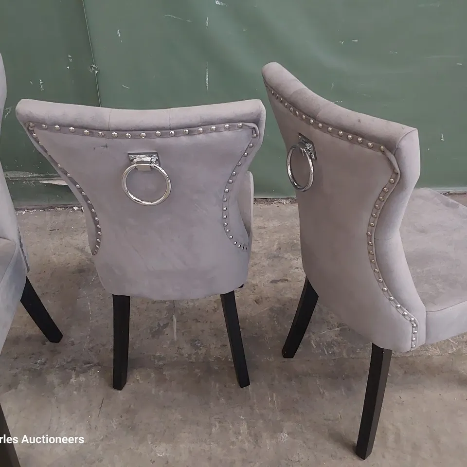SET OF FOUR UPHOLSTERED BUTTONED RING BACK DINING CHAIRS GREY PLUSH FABRIC ON BLACK PAINTED LEGS 