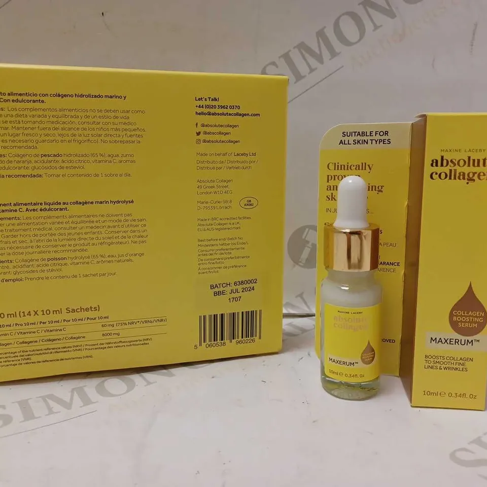 LOT OF 2 MAXINE LACEBY ABSOLUTE COLLAGEN PRODUCTS TO INCLUDE MARINE LIQUID COLLAGEN SUPPLEMENT - MANGO & MANDERIN FLAVOUR & COLLAGEN HYALURONIC ACID BOOSTING SERUM 10ML
