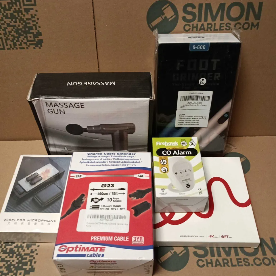 APPROXIMATELY 12 ASSORTED ELECTRICAL ITEMS TO INCLUDE FOOT GRINDER, CO ALARM, MASSAGE GUN, ETC