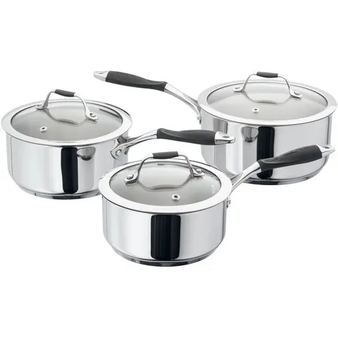 BOXED STELLAR JAMES MARTIN SET OF 3 STAINLESS STEEL PANS WITH LIDS 