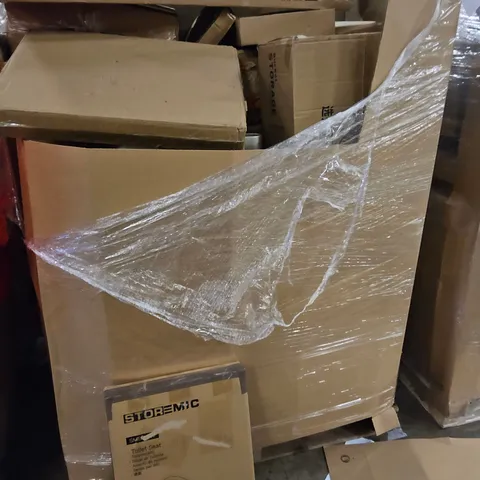 PALLET OF ASSORTED ITEMS TO INCLUDE, BUCKET STORAGE TROLLEY, AUTOMATIC TRASH BIN, TOILET SEATS, BATHMAT SET, BOXED FURNITURE.