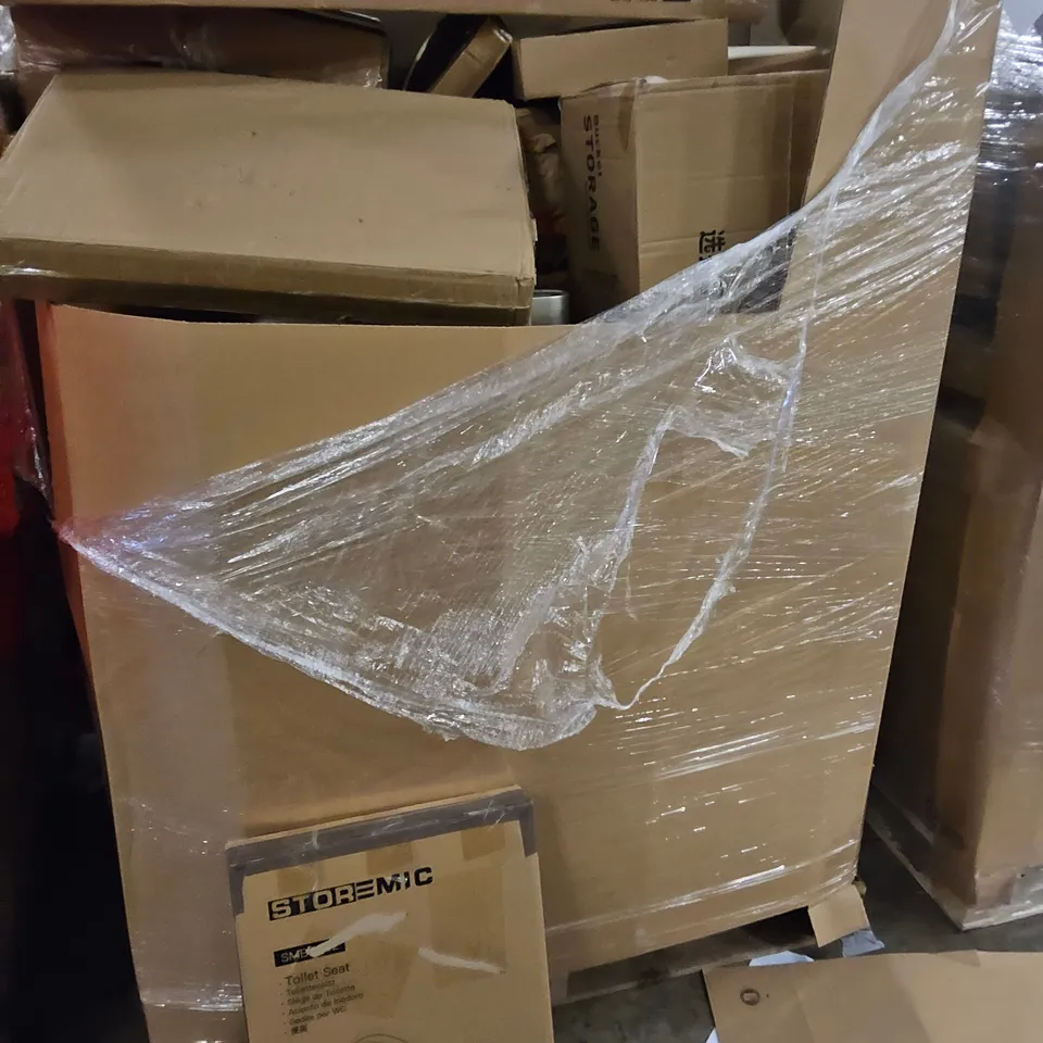 PALLET OF ASSORTED ITEMS TO INCLUDE, BUCKET STORAGE TROLLEY, AUTOMATIC TRASH BIN, TOILET SEATS, BATHMAT SET, BOXED FURNITURE.