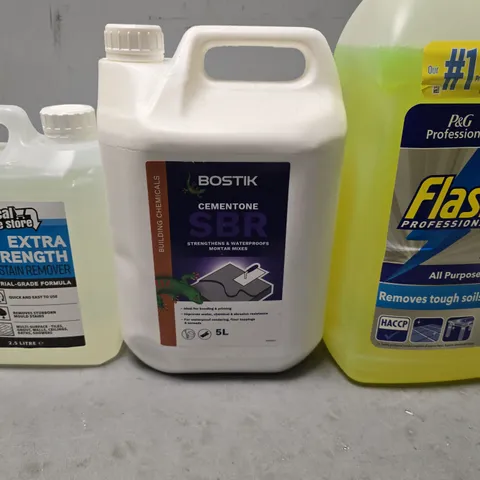APPROXIMATELY 3 ASSORTED LIQUIDS TO INCLUDE FLASH ALL PURPOSE CLEANER , BOSTIK CEMENT ONE SBR , CHEMICAL TRADE STORE EXTRA STRENGTH MOULD STAIN REMOVER 
