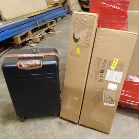 PALLET OF ASSORTED HOUSEHOLD GOODS AND PRODUCTS TO INCLUDE; AIR FRYER, CONSOLE TABLE, METAL BED FRAME, SUITCASE ETC