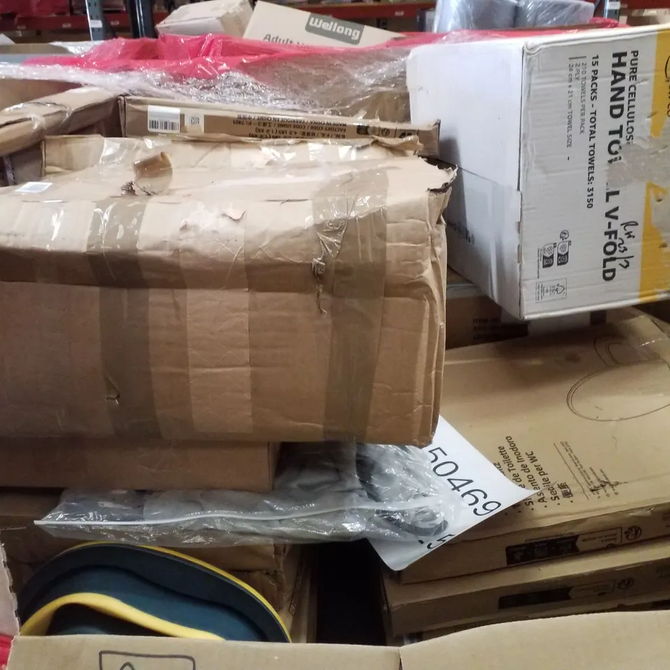 PALLET CONTAINING ASSORTED PRODUCTS INCLUDING STAINLESS STEEL LITTER BOX, TOILET SEAT, STEERING WHEEL IMMOBILISER, CONVECTOR HEATER & HAND TOWEL V-FOLD