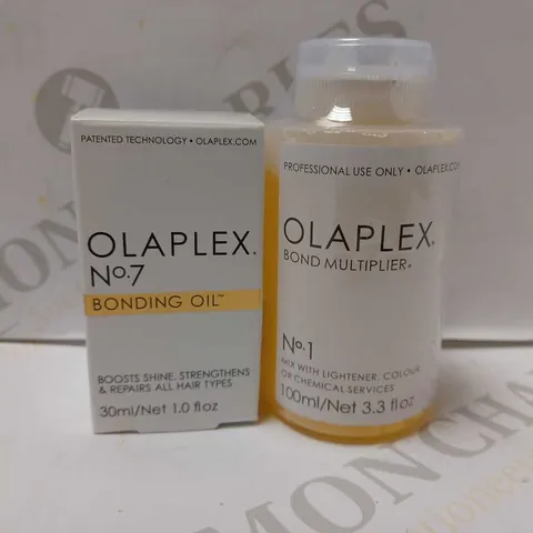 LOT OF 2 OLAPLEX PRODUCTS TO INCLUDE NO.1 BOND MULTIPLIER 100ML & NO.7 BONDING OIL 30ML 