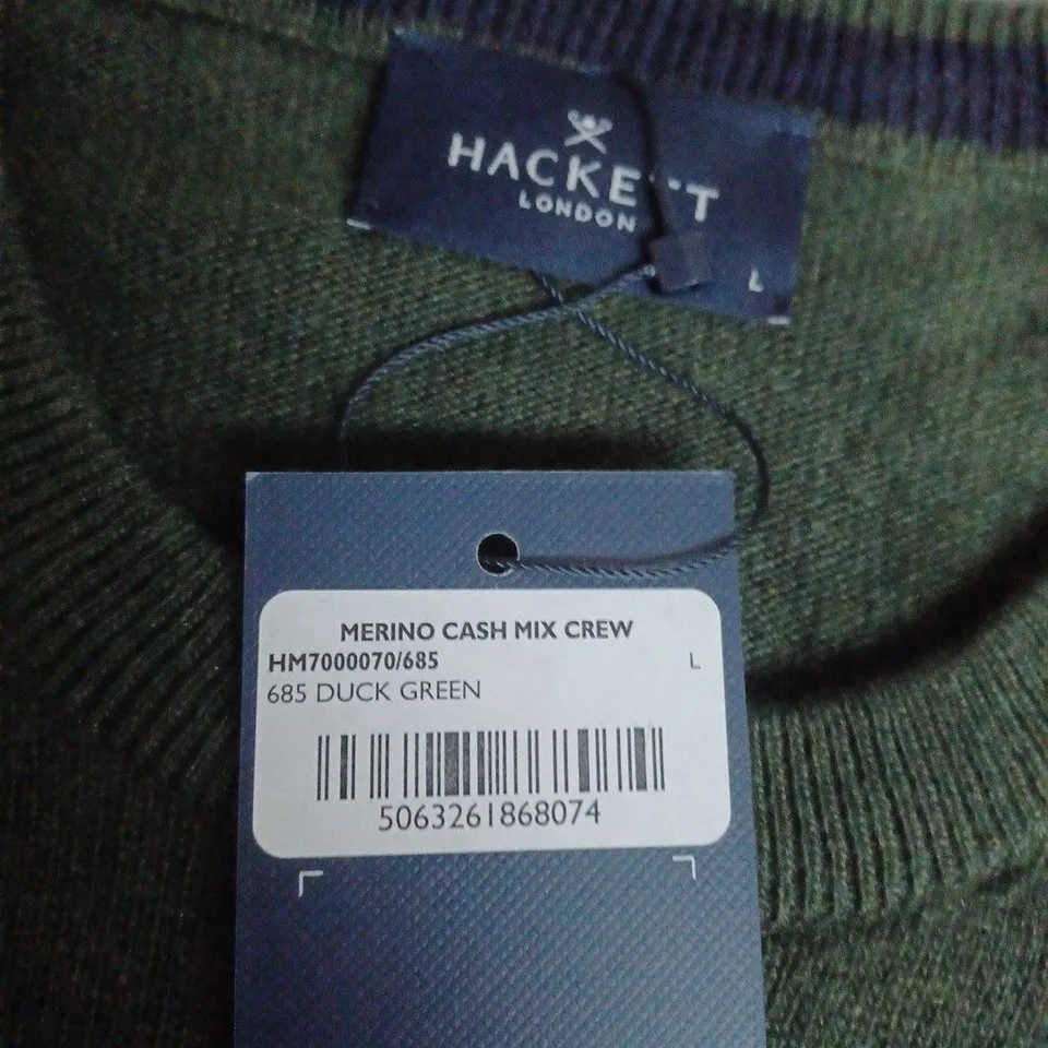 HACKETT LONDON MERINO CASH MIX CREW NECK SWEATER – DUCK GREEN, SIZE L