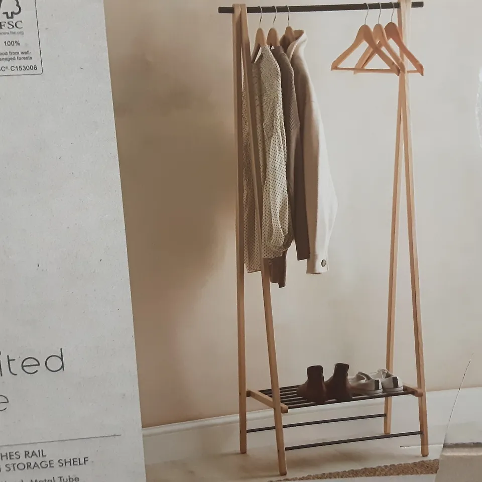 BOXED EDITED LIFE CLOTHES RAIL WITH STORAGE SHELF IN ASTWOOD AND METAL TUBE - H160 X W69 X D50CM