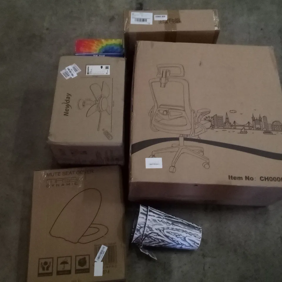 PALLET OF ASSORTED ITEMS INCLUDING office chair, mute toilet seat cover, Newsday ceiling fan, tie dye birthday party kit, metal tins with handles, mail sorter