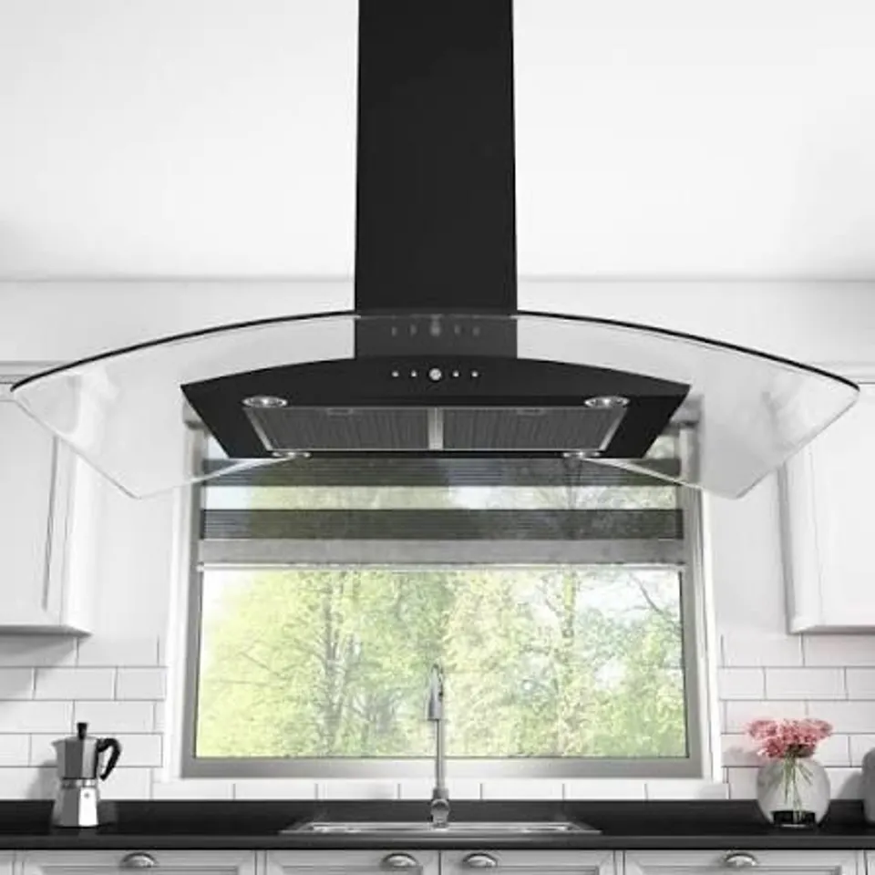 BOXED ELECTRIQ 90CM CURVED GLASS ISLAND COOKER HOOD - BLACK