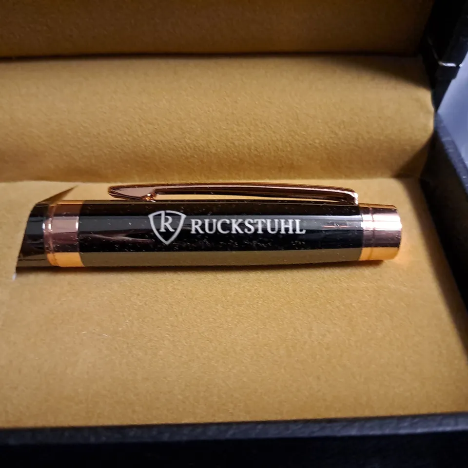 RUCKSTUHL STAINLESS STEEL LUXURY PEN IN GIFT BOX – BLACK & ROSE GOLD COLOUR CASE