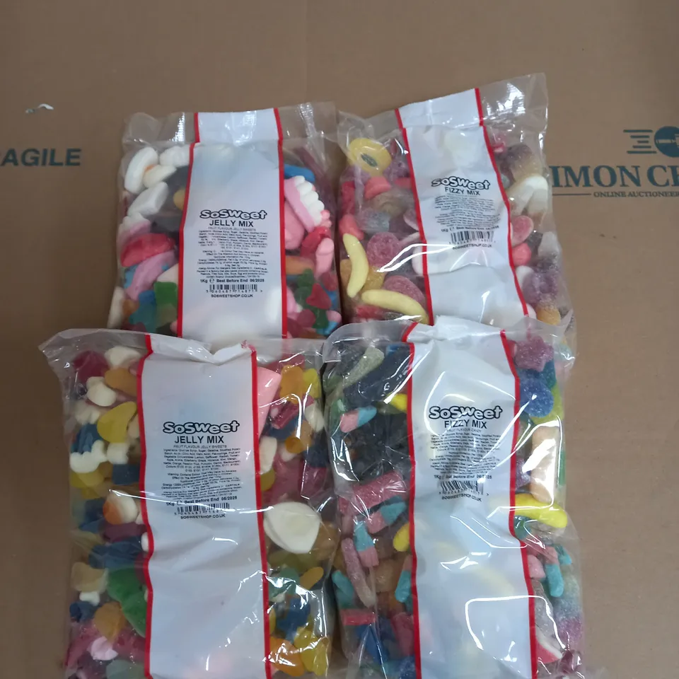 LOT OF 4 SO SWEET BAGS OF SWEETS 2 X FIZZY MIX AND 2 X JELLY MIX 1KG PER BAG
