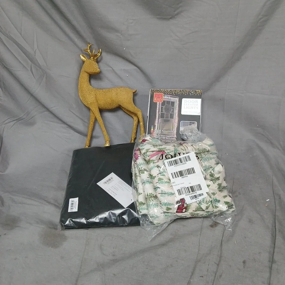 BOX OF APPROXIMATELY 15 ASSORTED HOUSEHOLD ITEMS INCLUDING GOLD STYLE REINDEER ORNAMENT, PYJAMA SET, DOOR CLUSTER LIGHTS AND QUICK DRY HAND TOWEL