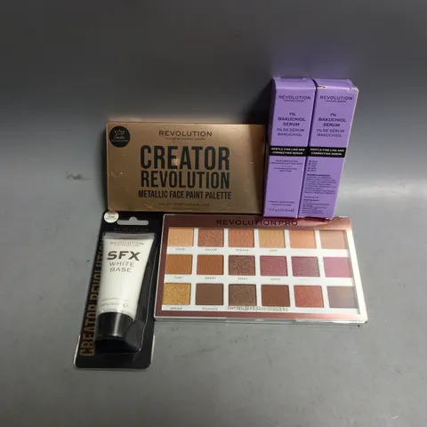 5 ASSORTED REVOLUTION BEAUTY PRODUCTS TO INCLUDE METALLIC FACE PLATE PALETTE, REGENERATION STRIPPED PALETTE, SFX WHITE BASE, 15 BAKUCHIOL SERUM