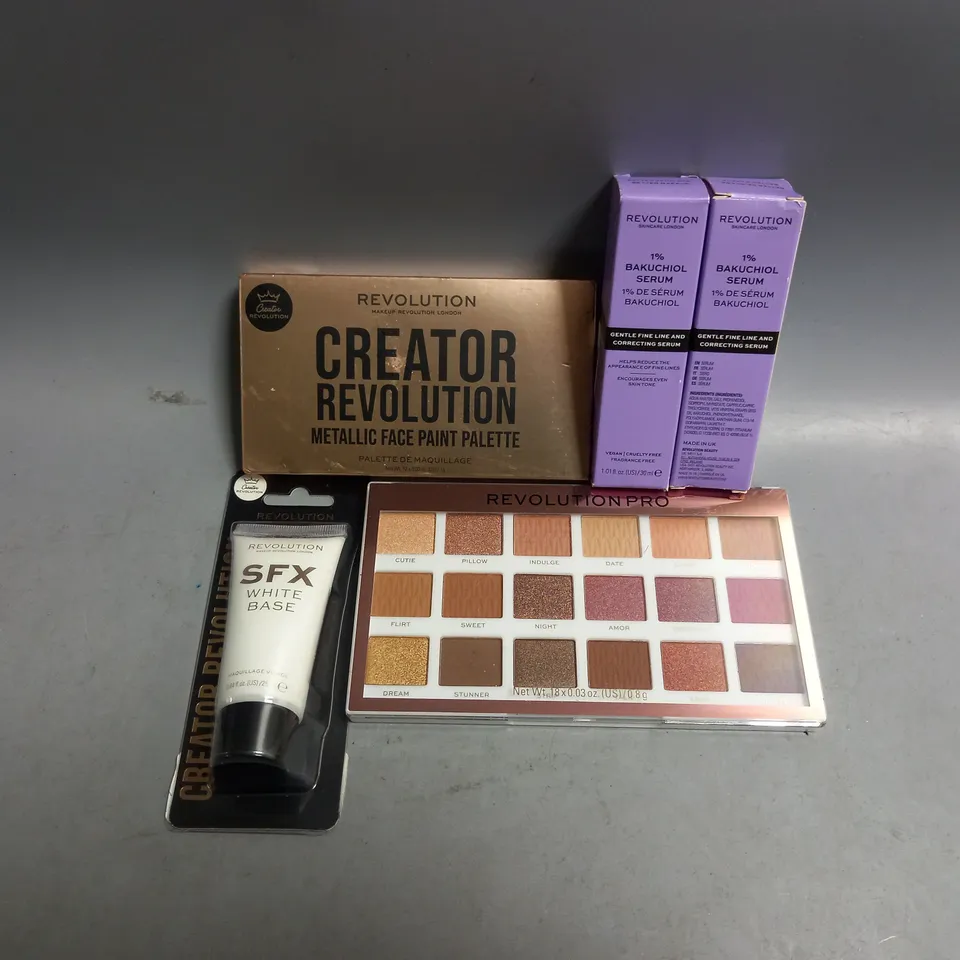 5 ASSORTED REVOLUTION BEAUTY PRODUCTS TO INCLUDE METALLIC FACE PLATE PALETTE, REGENERATION STRIPPED PALETTE, SFX WHITE BASE, 15 BAKUCHIOL SERUM