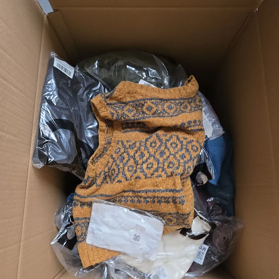 LARGE BOX OF ASSORTED CLOTHING ITEMS IN VARIOUS SIZES, STYLES AND COLOUR 