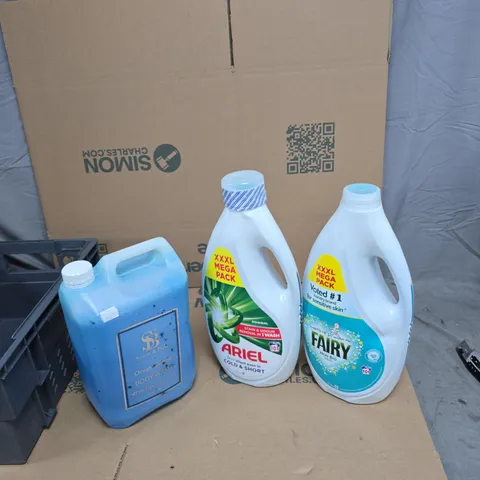 TOTE OF SYSON AND BALL BODYWASH, ARIEL STAIN REMOVER AND FAIRY NON BIO