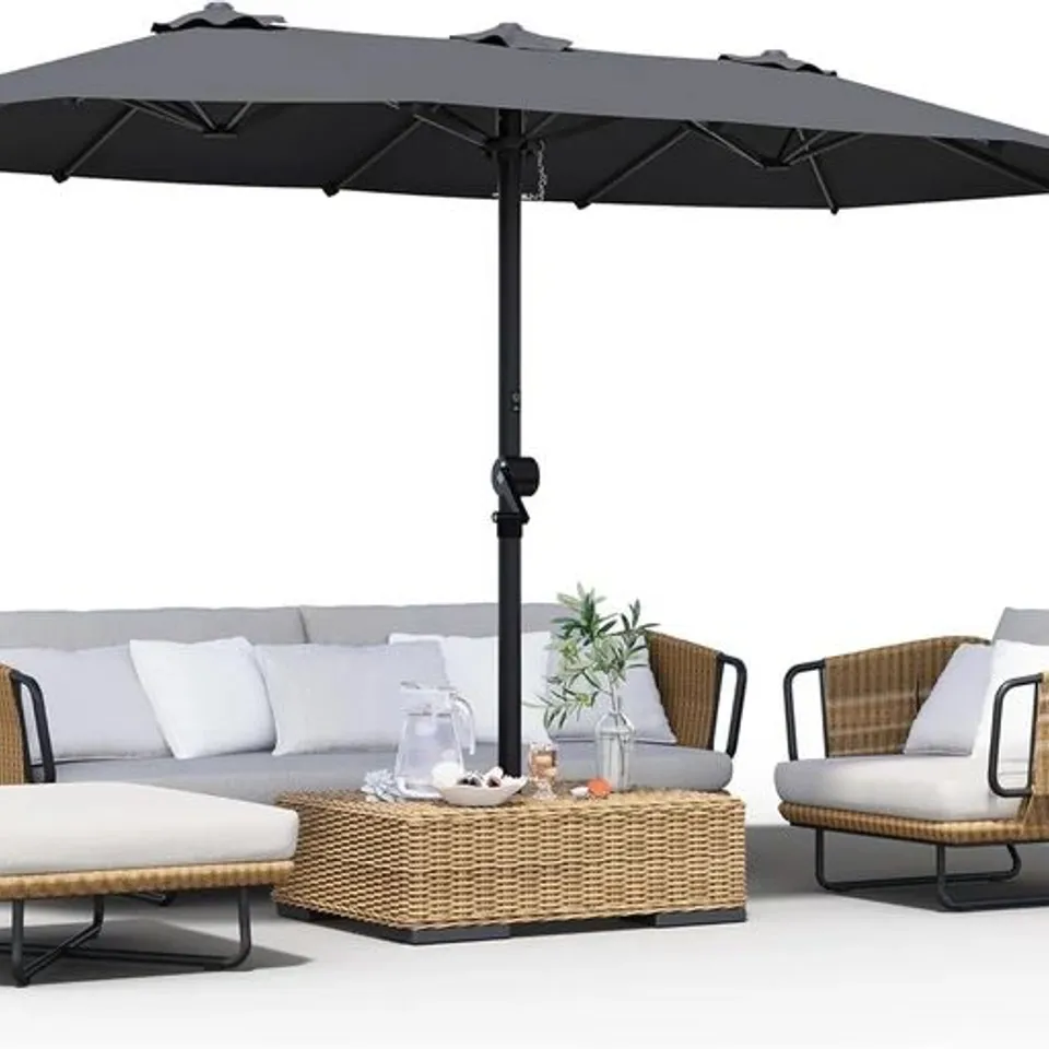 BOXED GARVEE DOUBLE GARDEN UMBRELLA 4.6 X 2.7 M, LARGE RECTANGULAR PARASOL WITH CRANK AND 12 STEEL RIBS FOR TERRACE AND PATIO, GREY