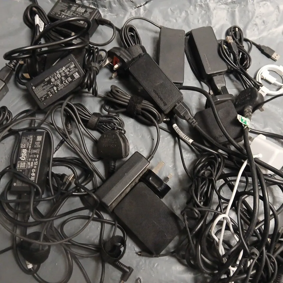 LOT OF ASSORTED CABLES, CHARGERS, PLUGS AND LEADS