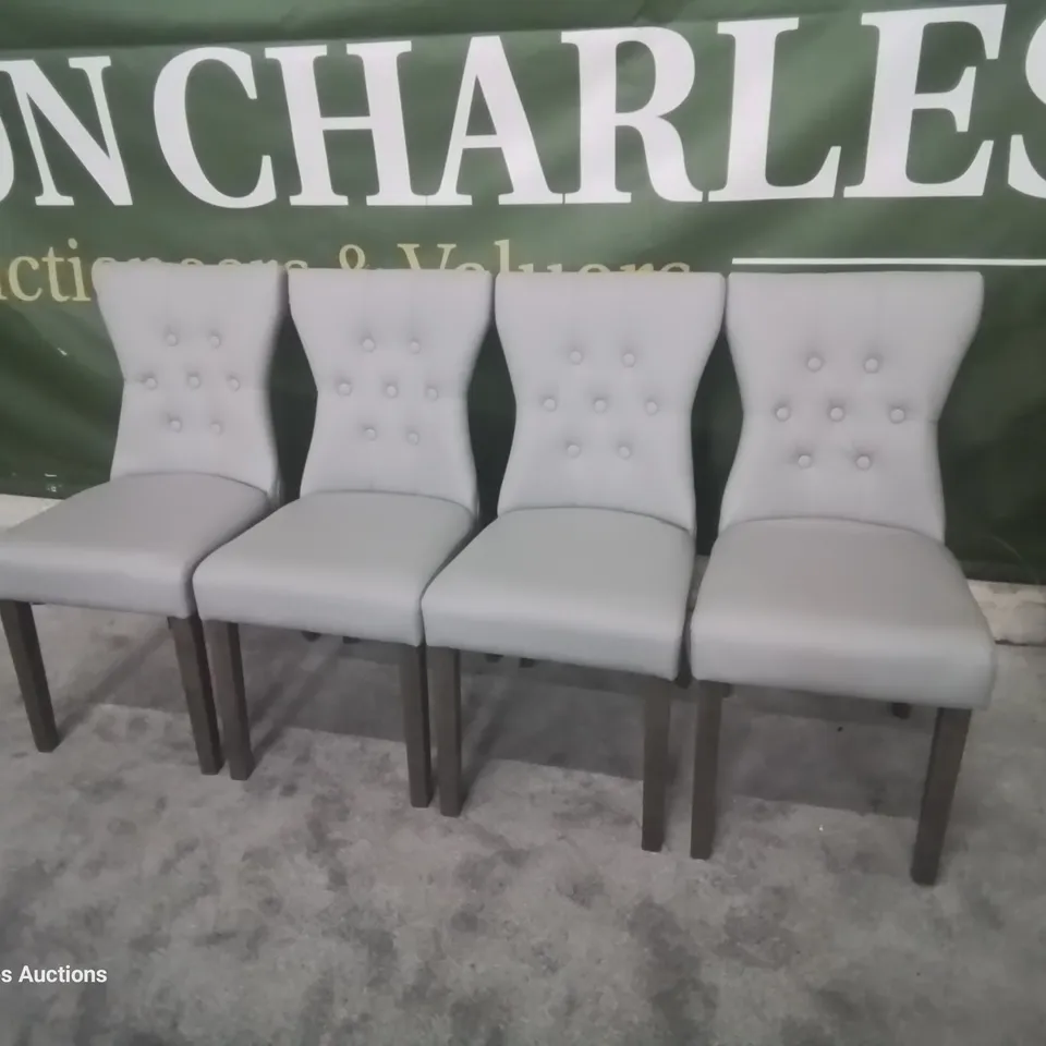 SET FOUR BEWLEY LIGHT GREY LEATHER BUTTONED BACK DINING CHAIRS GREY LEGS 