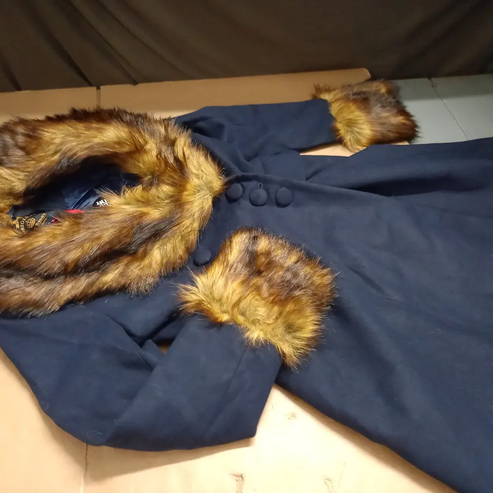 HELL BUNNY NAVY FAUX FUR TRIMMED COAT - UK 10
