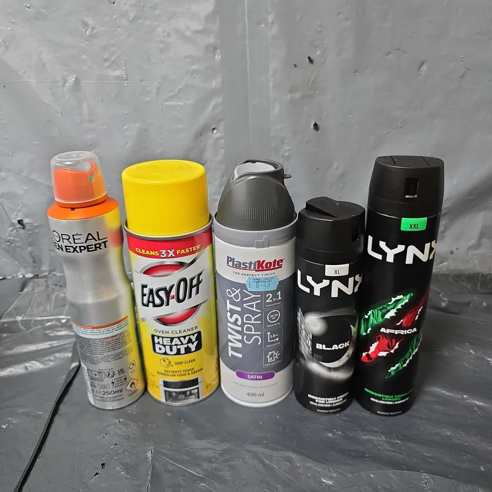 APPROXIMATELY 10 ASSORTED AEROSOLS TO INCLUDE LYNX , LOREAL MEN , OVEN CLEANER , ETC 