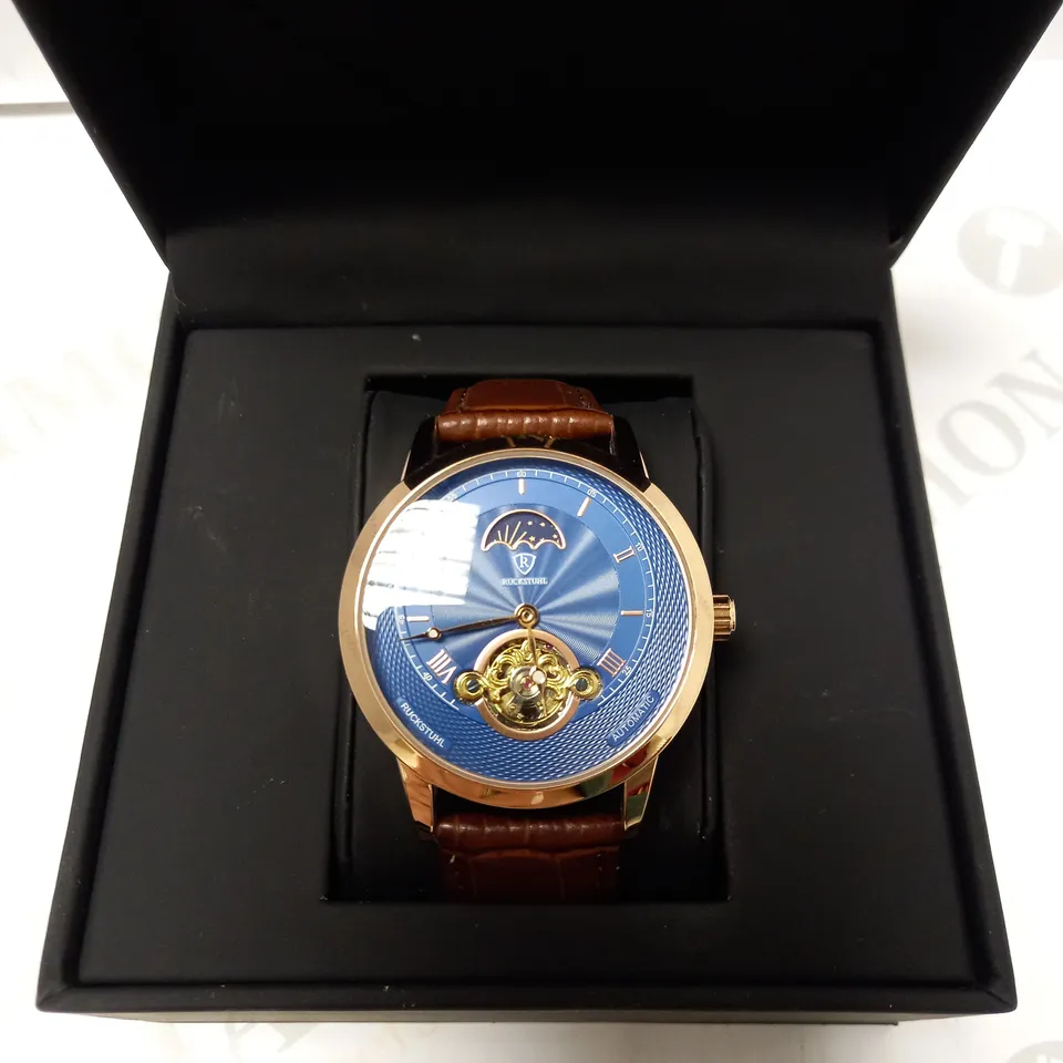 RUCKSTUHL PART SKELETON AUTOMATIC LEATHER STRAP WRISTWATCH