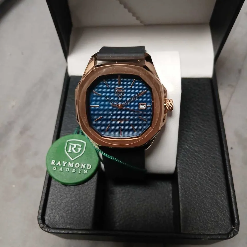 RAYMOND GAUDIN WRISTWATCH – BLUE DIAL, ROSE GOLD CASE, BLACK STRAP