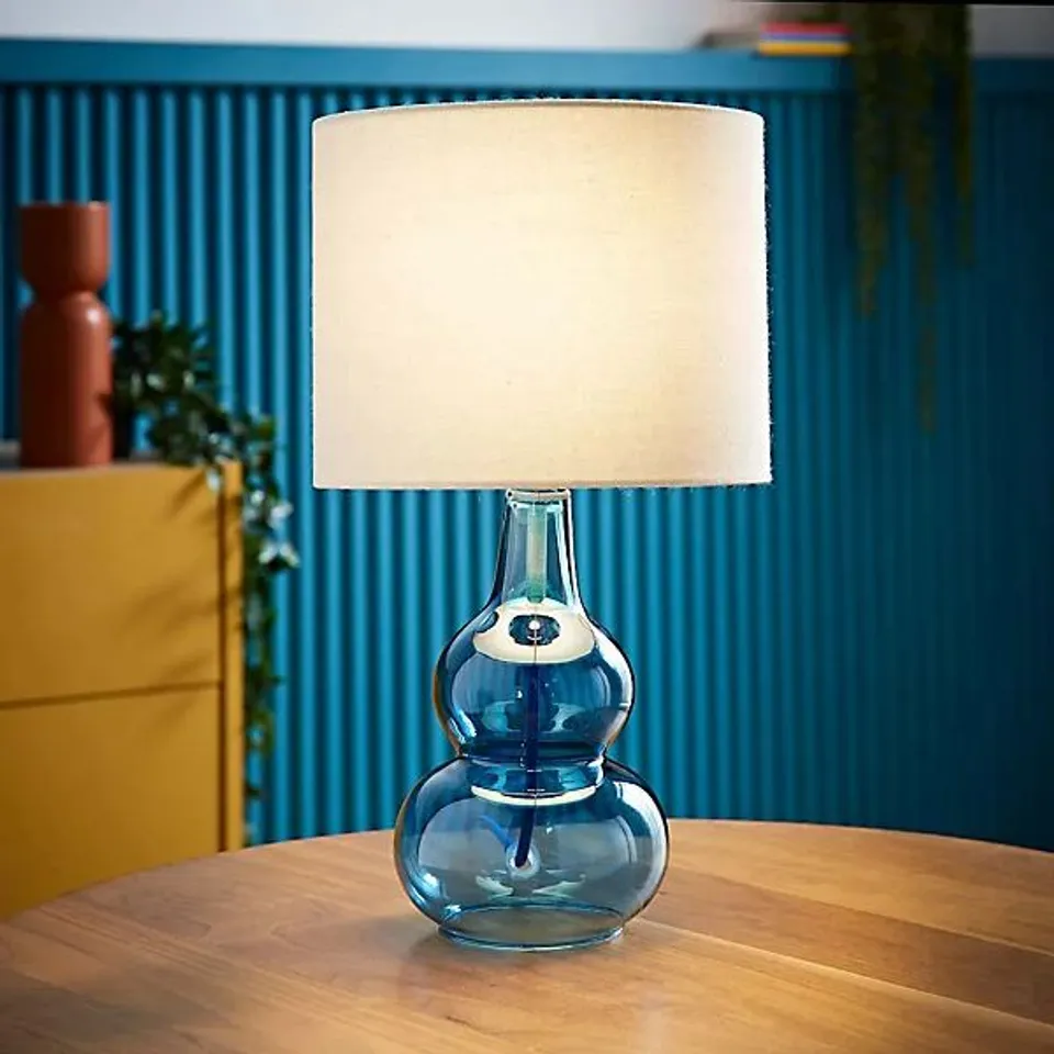 BOXED VALUELIGHTS AIDA NATURAL LINEN TALL LAMP SHADE BLUE BUBBLE GLASS TABLE LAMP