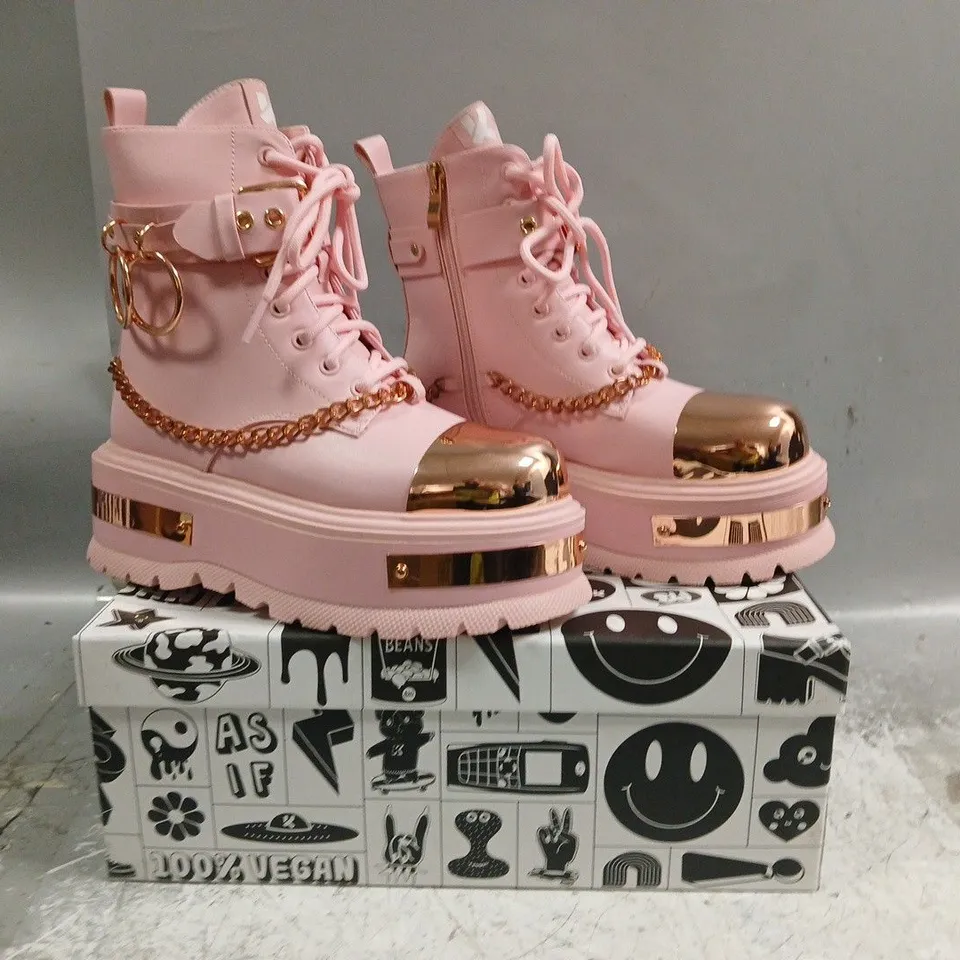 BOXED PAIR OF KOI ROSE GOLD BORIN HARDWARE PLATFORM BOOTS IN PINK/ROSE GOLD SIZE UK 3