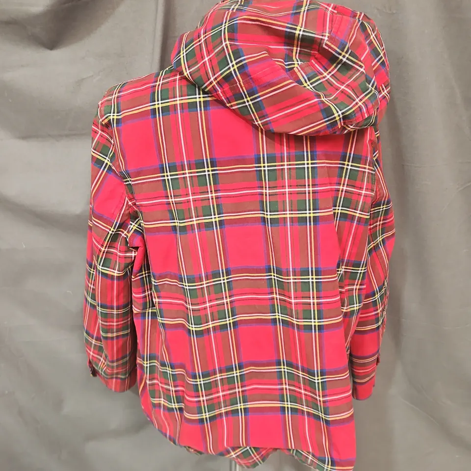 JOULES WATERPROOF HOODED PLAID JACKET – RED CHECK, UK 16 