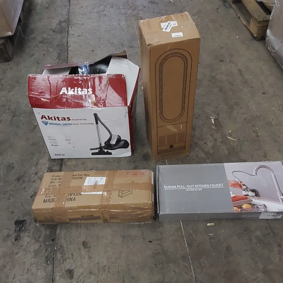 PALLET CONTAINING HOUSEHOLD AND CONSUMER PRODUCTS. INCLUDES FAN, VACUUM CLEANER, KITCHEN FAUCET, BOXED FURNITURE ETC