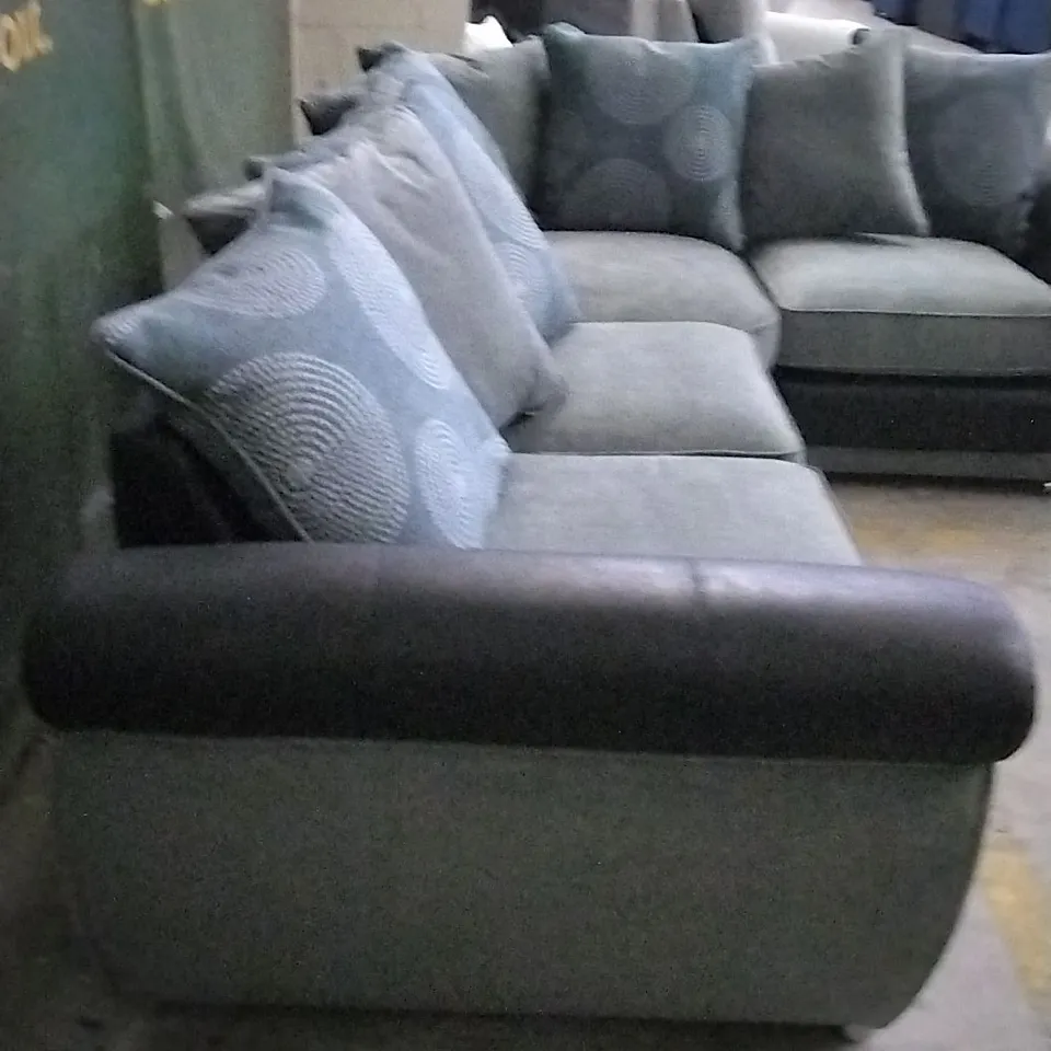 DESIGNER SHANNON VIPER BLACK AND GRACELANDS GREY CORNER SOFA WITH SCATTER CUSHIONS