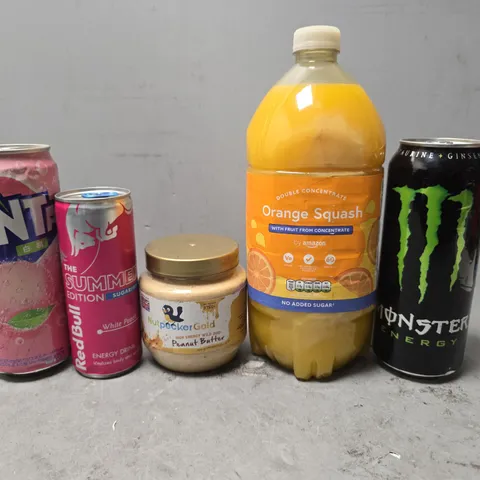 APPROXIMATELY 8 ASSORTED FOOD & DRINK ITEMS TO INCLUDE - MONSTER , ORANGE SQUASH , FANTA ETC