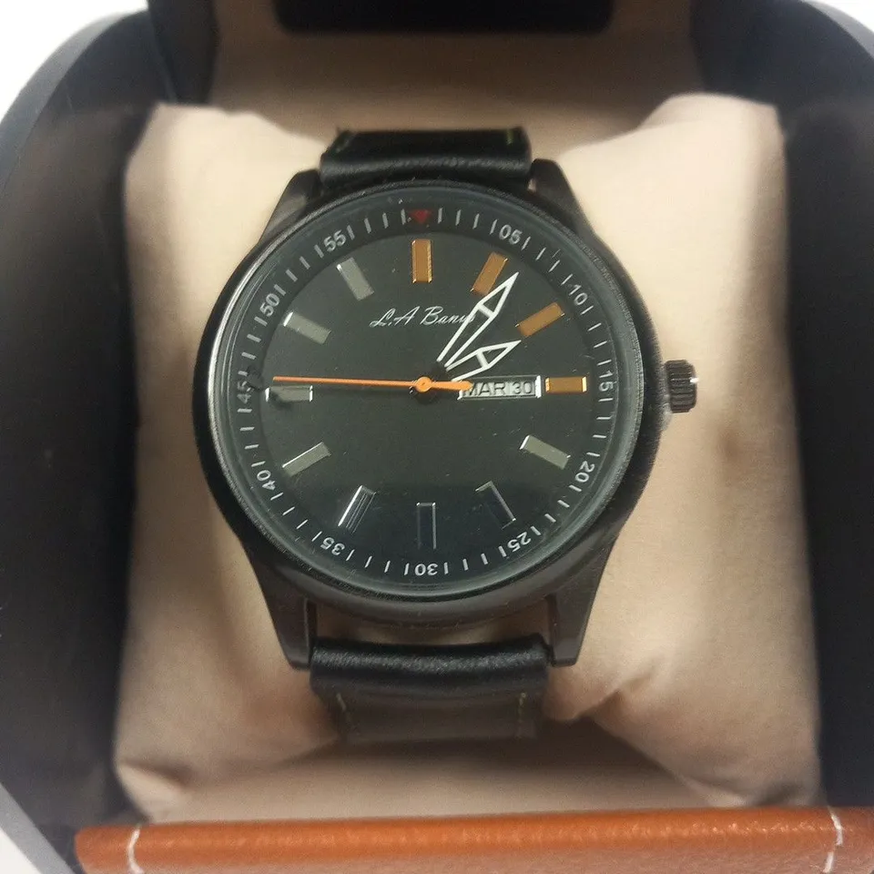 MEN’S LA BANUS DAY/DATE WATCH, BLACK LEATHER STRAP, BLACK CASE. 