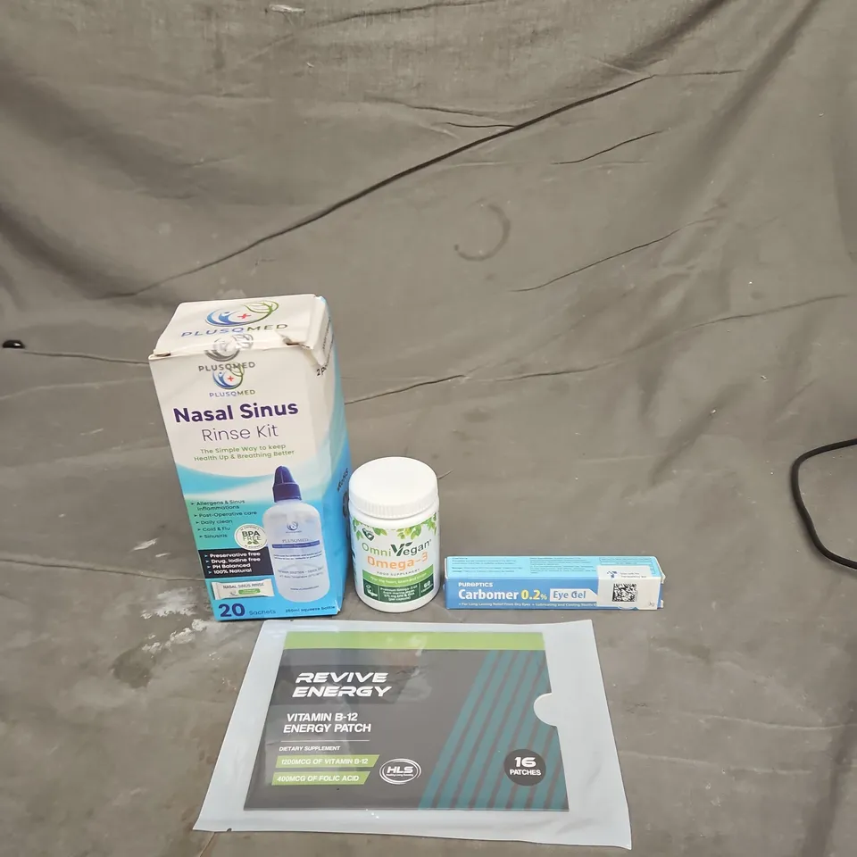 TOTE OF APPROXIMATELY 20 ASSORTED HEALTHCARE PRODUCTS TO INCLUDE NASAL SINUS RINSE KIT - REVIVE ENERGY PATCHES AND CARBOMER 0.2% EYE GEL