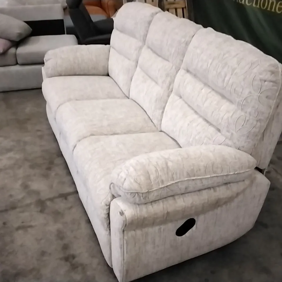 QUALITY DESIGNER CREAM PATTERNED FABRIC MANUAL RECLINING 3 SEATER SOFA