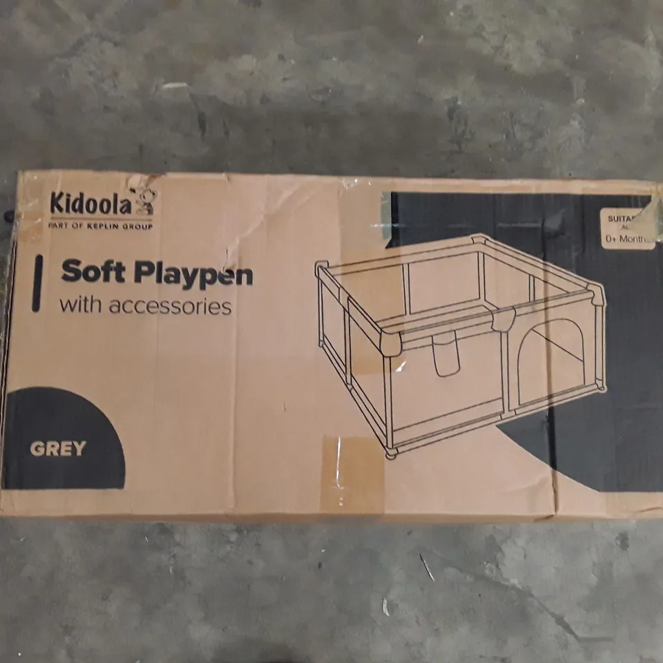 BOXED KIDOOLA SOFT PLAY PEN WITH ACCESSORIES- GREY 