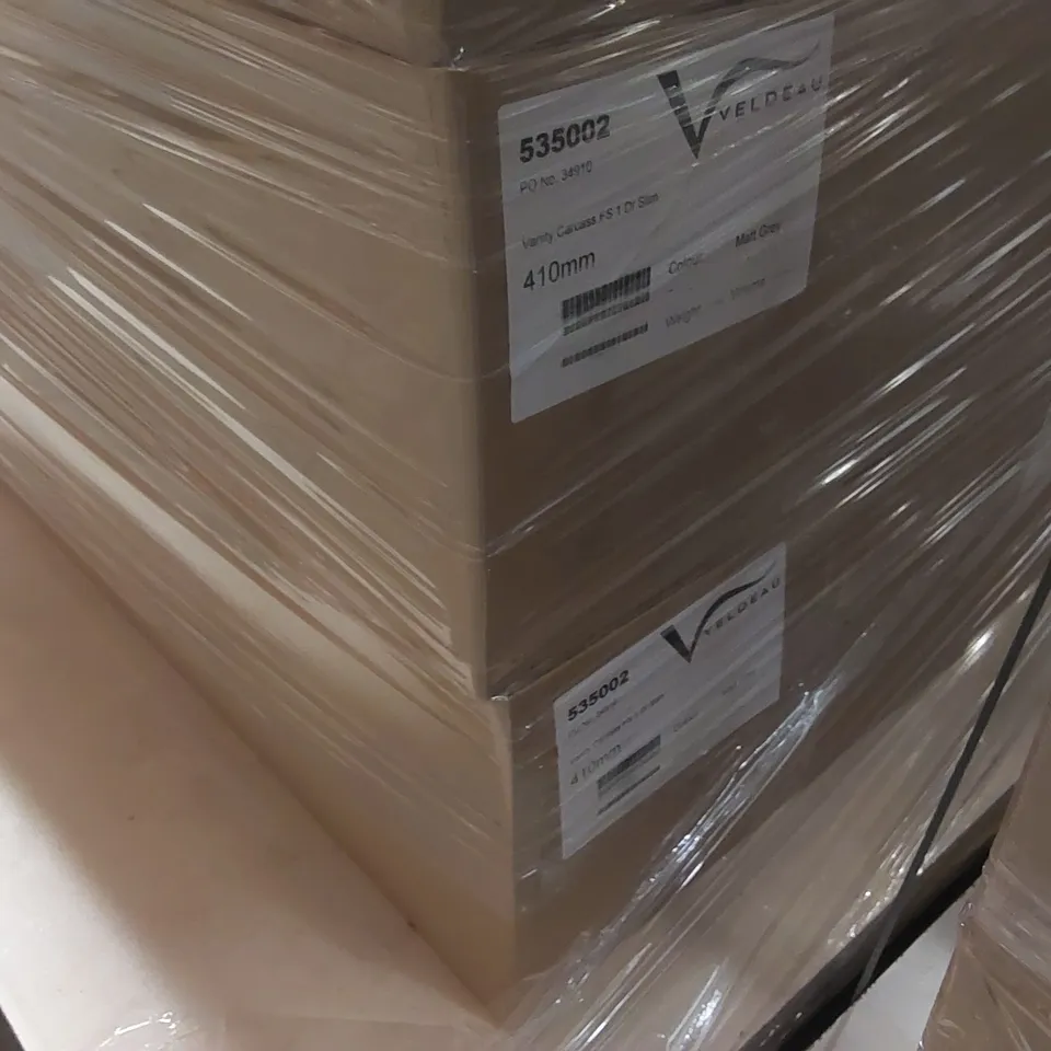 PALLET CONTAINING A LARGE QUANTITY OF ASSORTED BATHROOM FURNITURE PARTS INCLUDING: VELDEAU VANITY CARCASSES ECT