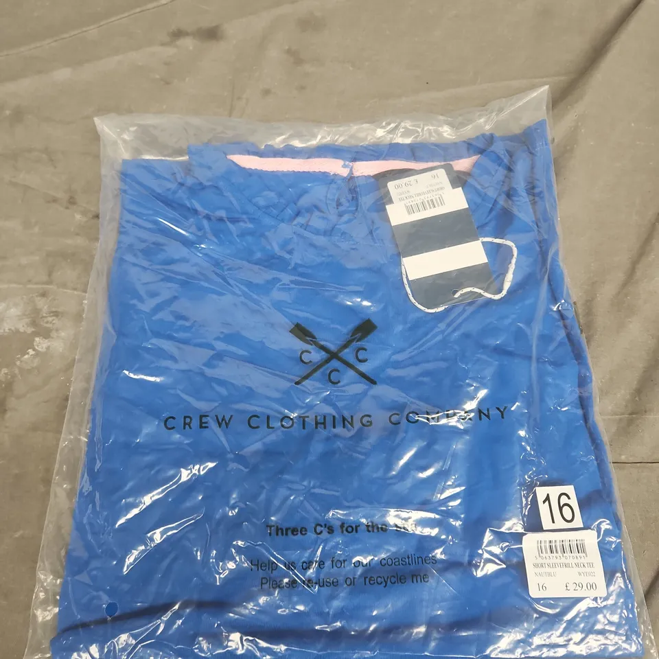 CREW CLOTHING COMPANY SHORT SLEEVE FRILL NECK TEE BLUE SIZE 16