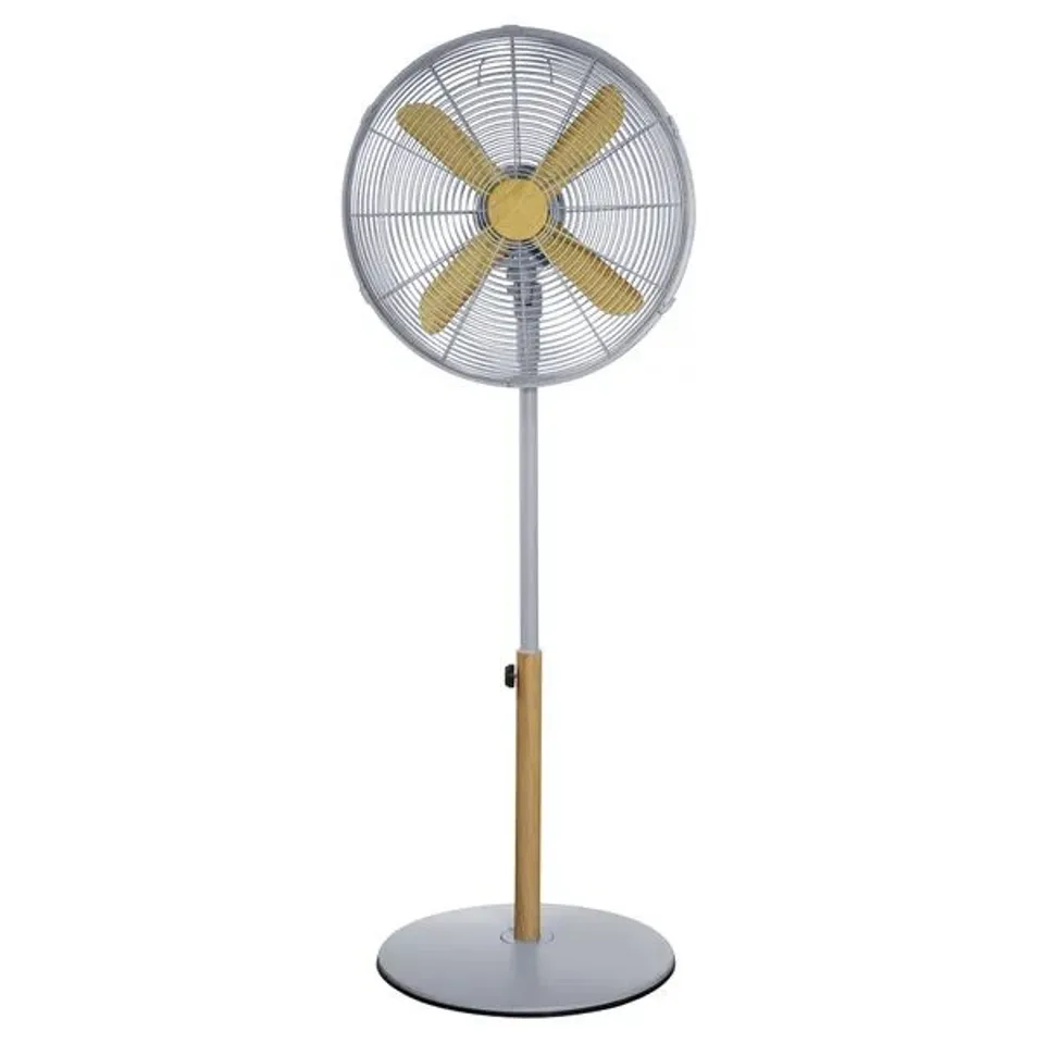 BOXED RUSSELL HOBBS SCANDI PEDESTAL FAN 16 INCH - GREY AND WOOD EFFECT (1 BOX)