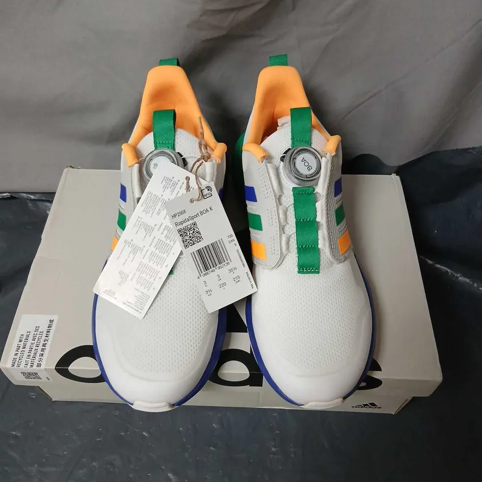 ADIDAS RAPIDSPORT BOA K KIDS' TRAINERS – WHITE WITH MULTICOLOUR STRIPES SIZE 3