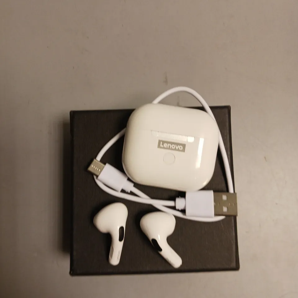BOXED PAIR OF LENOVO EARBUDS IN WHITE INCLUDES CHARGING CASE AND CABLE