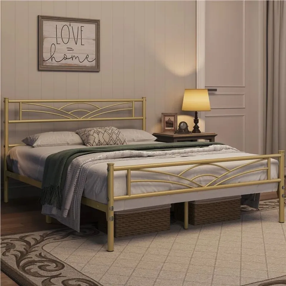 BOXED YAHEETECH MINIMALIST METAL BED FRAME - ANTIQUE GOLD, 135CM DOUBLE (1 BOX)