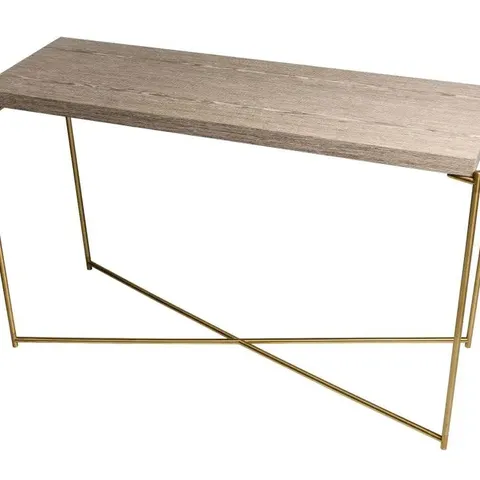 BRAND NEW BOXED IRIS LARGE CONSOLE TABLE, WEATHERED OAK & BRASS FRAME (3 BOXES)