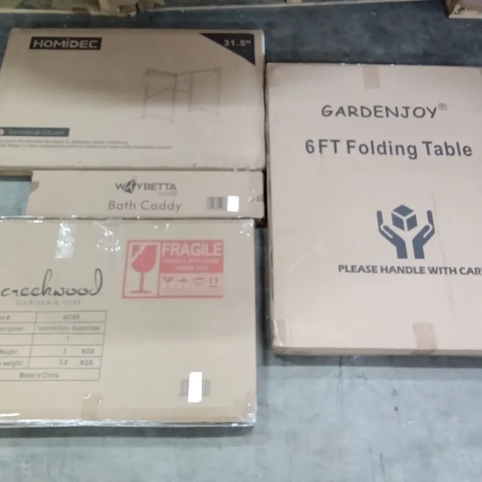 PALLET OF ASSORTED ITEMS INCLUDING WAYBETTA BATH CADDY, HOMIDEC DESK, CREEKWOOD TOSCANA WALL MIRROR, GARDENJOY 6FT FOLDING TABLE, MASERTOP WAREHOUSE DESK, BONSEN KITCHEN PROFESSIONAL ESPRESSO MACHINE
