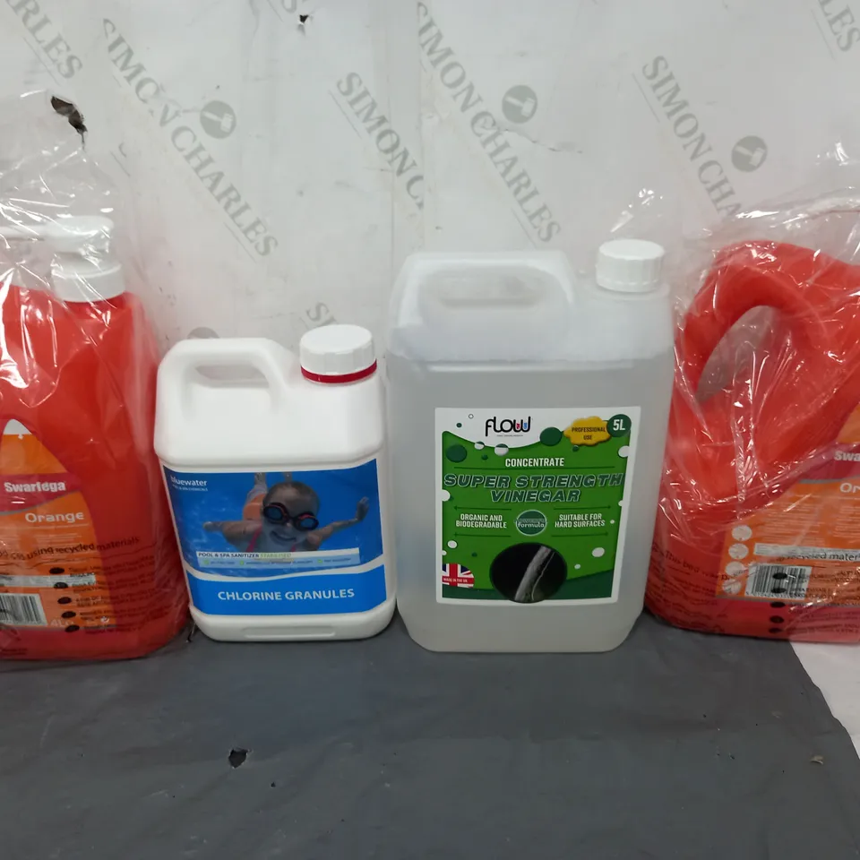TOTE OF ASSORTED HOUSEHOLD GOODS TO INCLUDE CHLORINE GRANULES, SWARFEGA ORANGE, AND SUPER STRENGTH VINEGAR - COLLECTION ONLY 